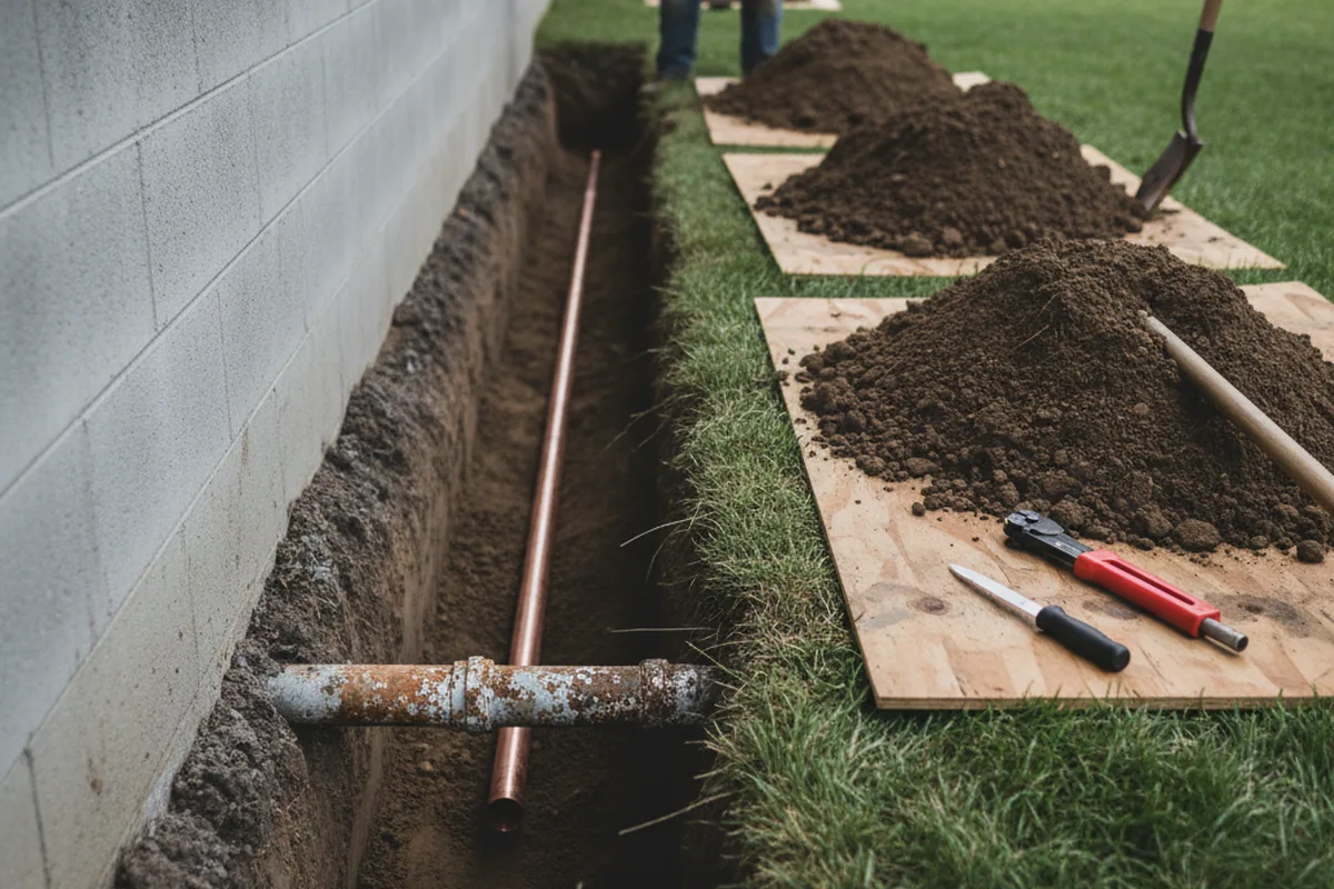 Excavated water line trench during Water Softener Installation in Amelia